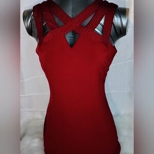 STUNNING STUDDED VTG CACHE CROSS STRAP SLEEVELESS CRANBERRY TOP WOMEN'S Sz SMALL